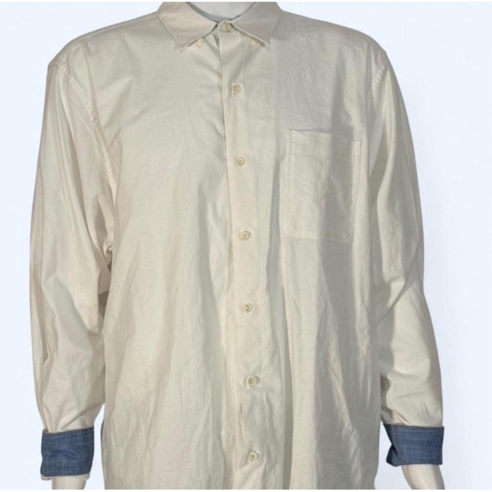 Tommy Bahama Mens XL White‎ Cotton Stretch Button Down Shirt Blue Contrast Cuffs